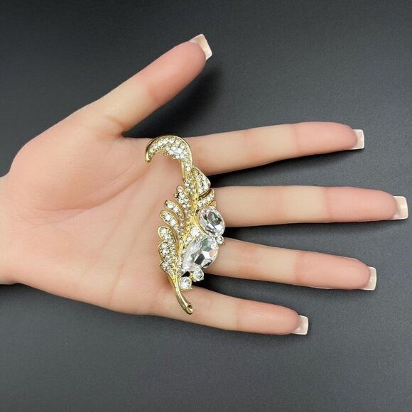 Yellow Gold with White Diamond Crystal Single Feather Pin Back Brooch - Picture 9 of 9